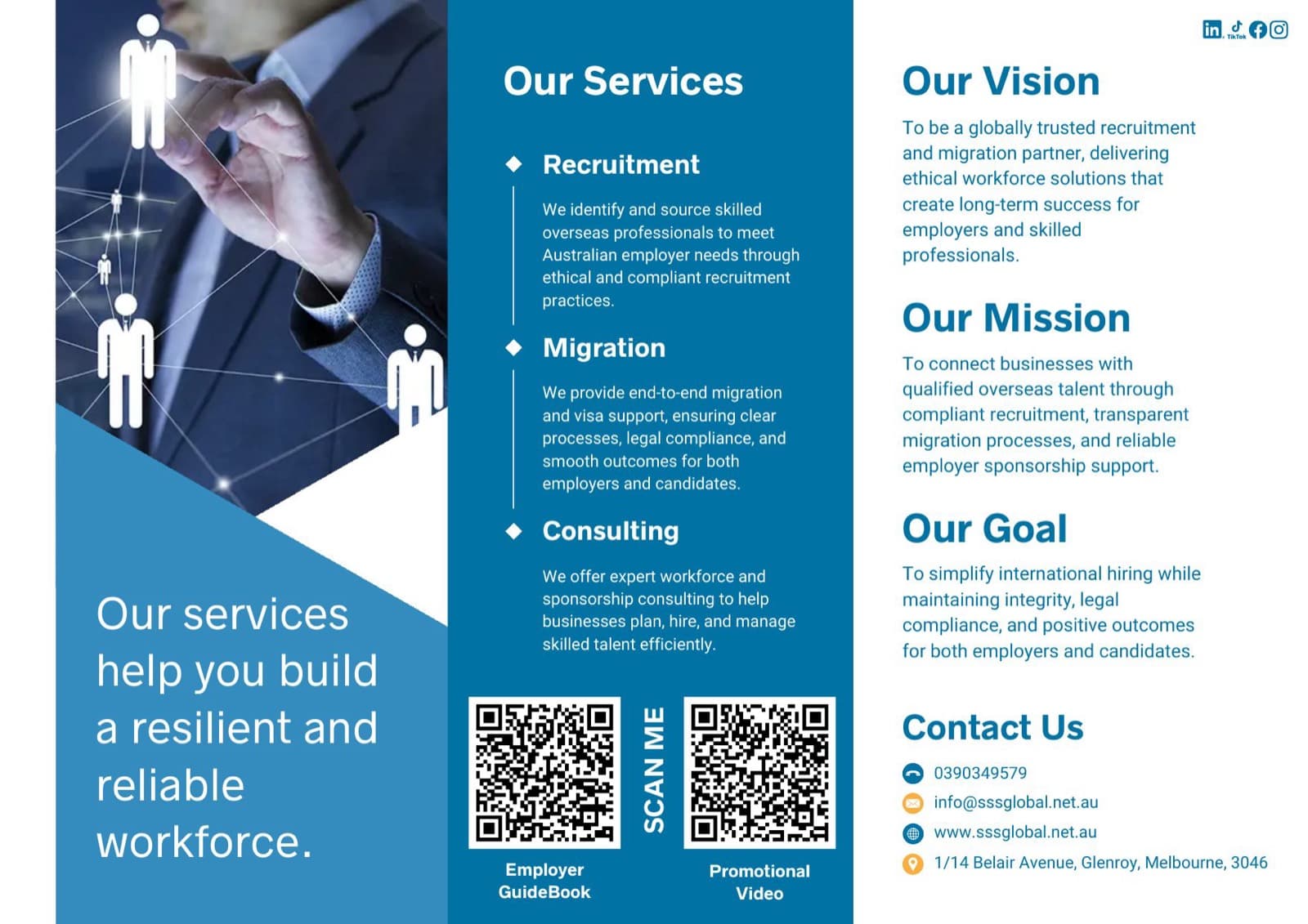 SSS Global trifold brochure, inner panels with services and contact details
